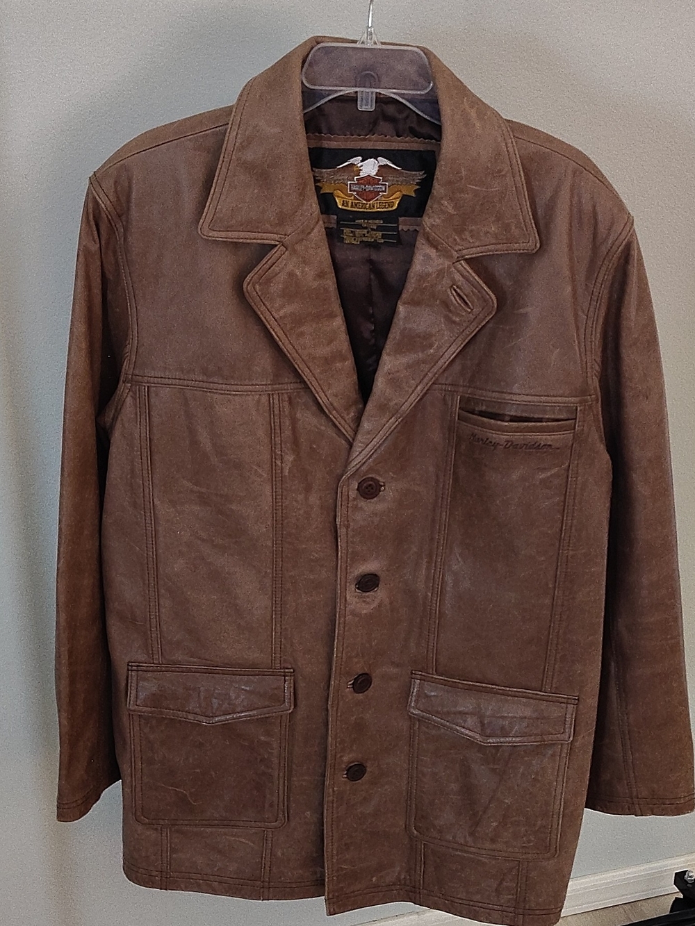 Vintage Harley Davidson Brown Leather Car Coat Blazer Jacket Men's XL Distressed